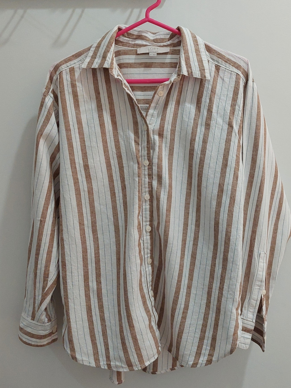 LOFT XS Brown & White Striped Oversized Button-Up Shirt
